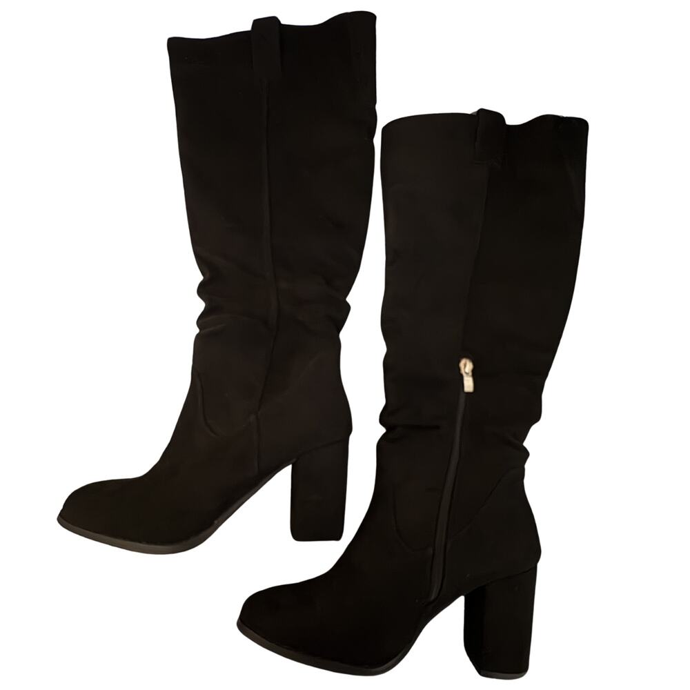 Size 6.5 Knee High Black Faux Suede Boots Chunky Heel Round Toe with Side Zip